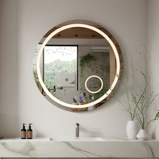 30" LED Bathroom Round Mirror | Anti-Fog | Dimmable | 5X Magnifying