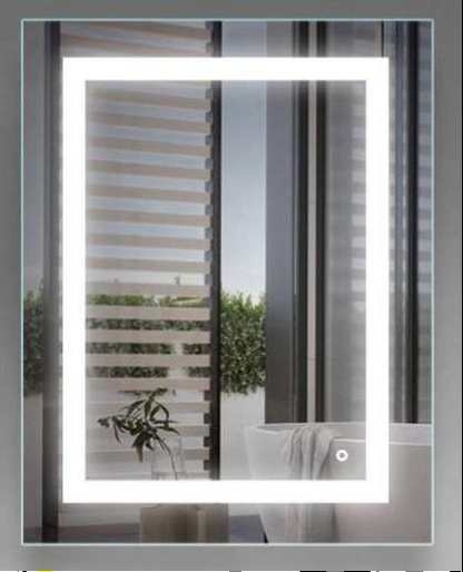 Mirror with integrated LED light edge, dimming and anti-fog functions.